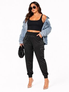 Vince Camuto Black Satin Cargo Jogger Pants Size XL NWT